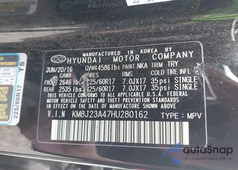 2017 Hyundai Tucson Se from USA, damaged, VIN KM8J23A47HU280162